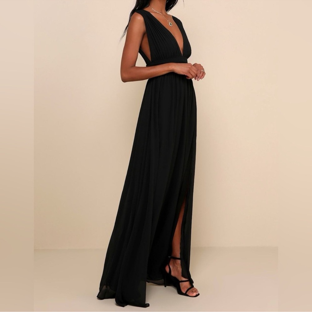 Lulus Heavenly Hues Maxi Dress Large Black Chiffon Side Slit Goddess Formal NWT - Picture 3 of 12